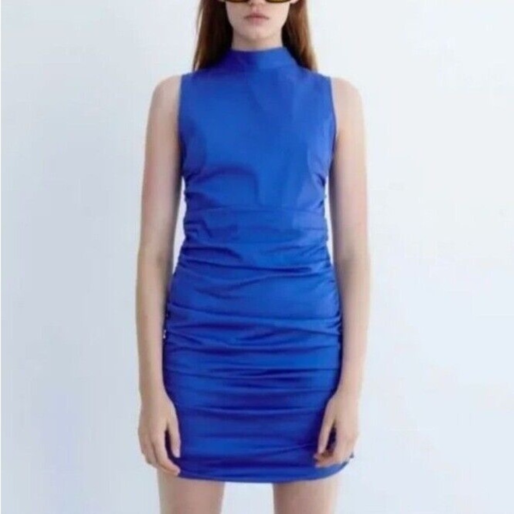 Zara Zara Stretch Poplin Mock Neck Ruched Sleeveless Royal Blue Dress size small